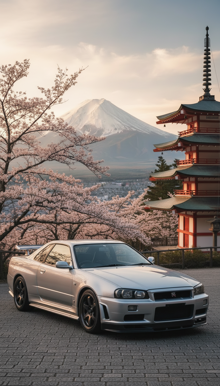Nissan GTR34 iconic Japanese sports car, keep the background same as the previous image