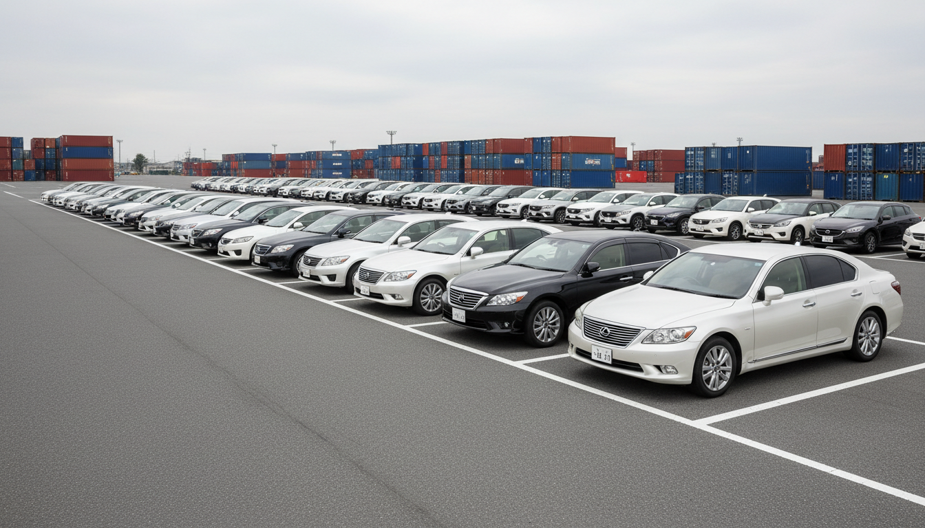 A row of high-end, well-maintained Japanese second-hand vehicles—sedans, SUVs, and compact cars—neatly aligned in a spacious outdoor shipping lot with crisp white demarcation lines and shipping containers in the distance. Soft daylight on a gently overcast afternoon creates balanced, diffused illumination with minimal shadows, emphasizing the clean lines and fresh appearance of every vehicle. Shot from a wide-angle, eye-level perspective with sharp focus throughout the image, which highlights the vast selection and organized process, contributing to a mood of confident security and trust. The setting and style are clean, structured, and strictly professional, mirroring the efficient export operation described.