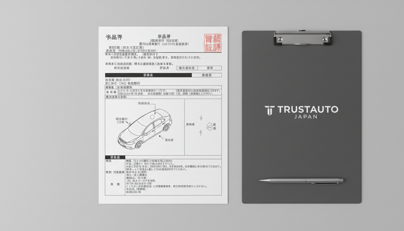 A close-up view of an official Japanese vehicle auction report, featuring crisp, white document paper with black, precisely printed characters and diagrams showing car details. The report rests on a smooth, light grey office desk next to a branded, minimalist clipboard and a matte silver pen. The environment is a modern office space with indirect, soft overhead lighting that produces even, glare-free illumination. Captured from directly above, the top-down composition emphasizes clarity and accuracy, underscoring the transparent and professional service offered. The mood is calm and methodical, with a photographic, documentary style that aligns with the site’s trustworthy ethos.