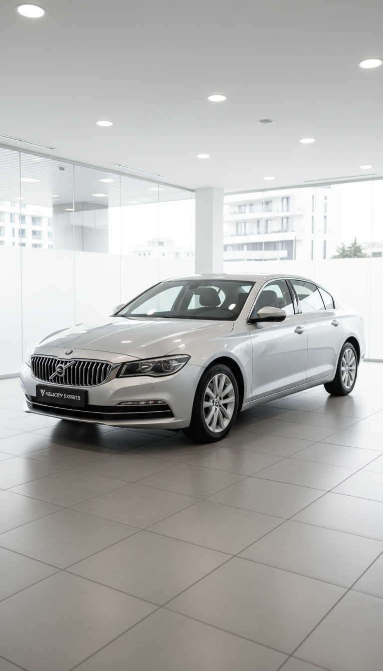 A pristine, metallic silver sedan with glossy, flawless paintwork and understated chrome accents, parked in a meticulously organized showroom with sleek, neutral-toned tile flooring and clear glass walls. The lighting is bright and evenly distributed from recessed ceiling fixtures, bringing out the car's smooth contours and subtle reflections. The atmosphere is formal and professional, evoking trust and reliability. Composed from a slightly elevated, three-quarter angle, the image shows the full length of the vehicle with a minimalist backdrop. The photographic realism and structured layout reinforce the site's corporate and clean identity, perfectly representing a premium car export store.